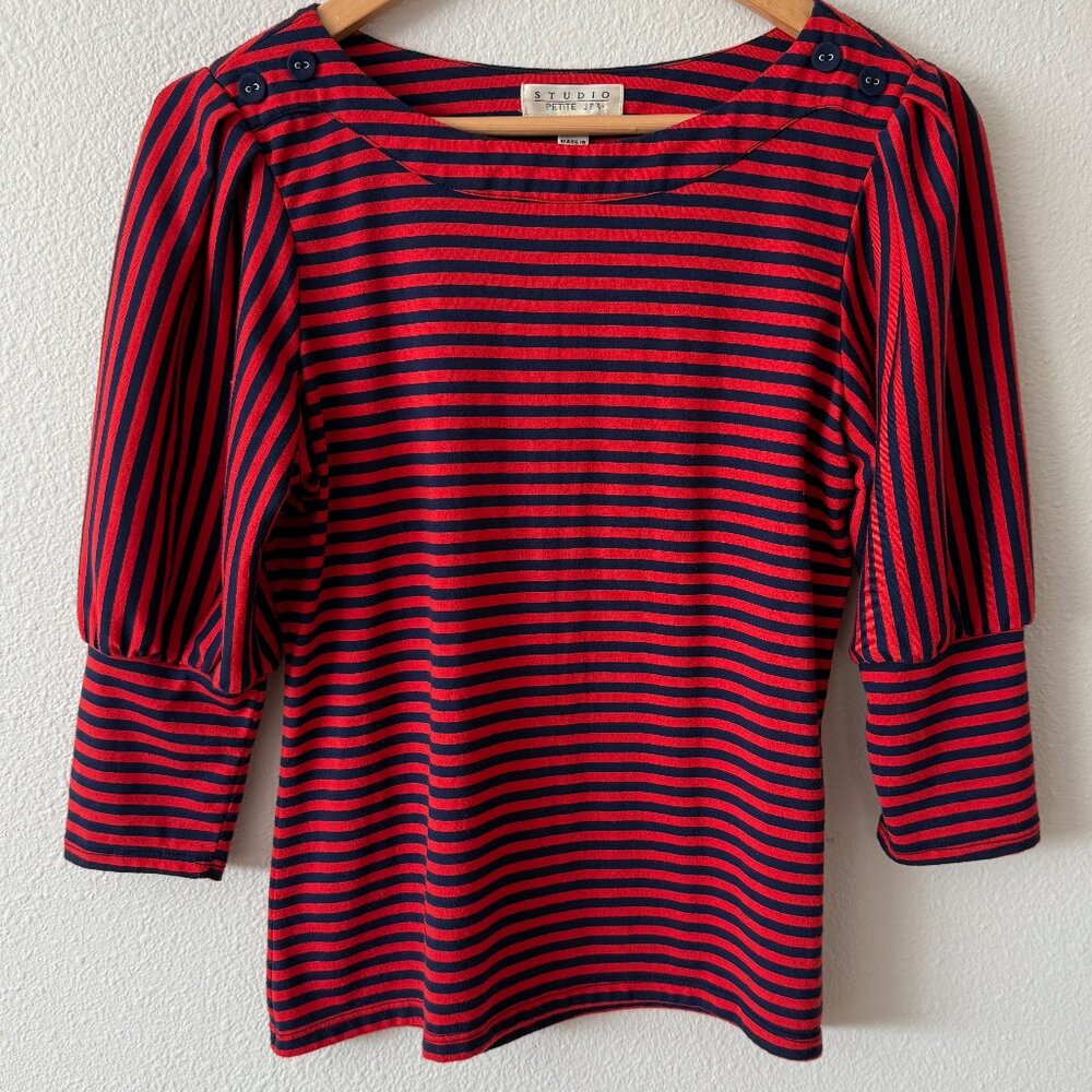 Studio Petite‎ JPR Red Blue Nautical Stripe 3/4 Balloon Sleeve Shirt Size SP